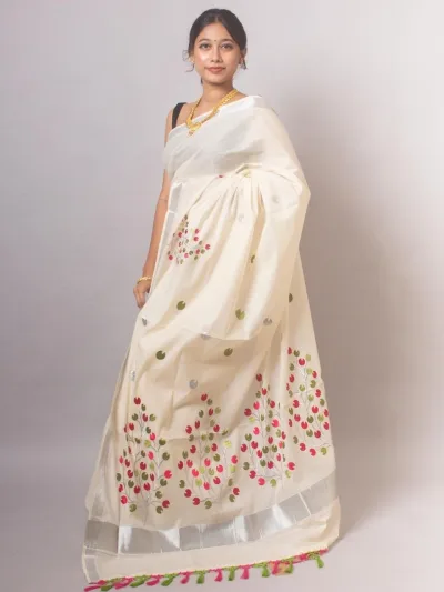 Multicolor Floral Motifs Kerala Silver Cotton Saree